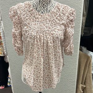 Veronica Beard Orange/Maroon Floral Socked Neck and Ruched Sleeves Blouse